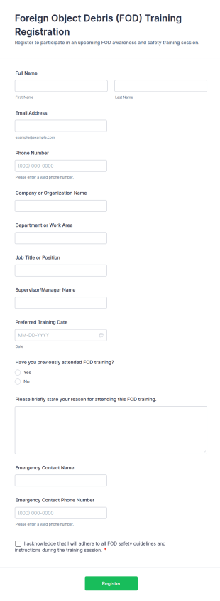 Foreign Object Debris (FOD) Training Registration Form Template
