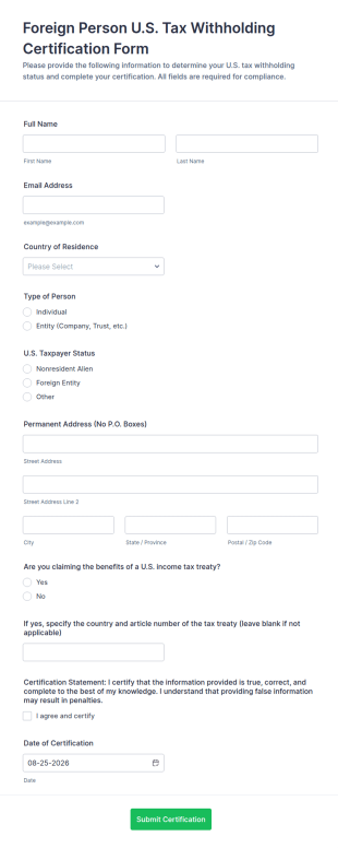 Foreign Person U.S. Tax Withholding Certification Form Template