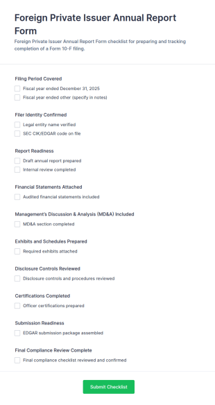 Foreign Private Issuer Annual Report (Form 10 F) Filing Checklist Form Template