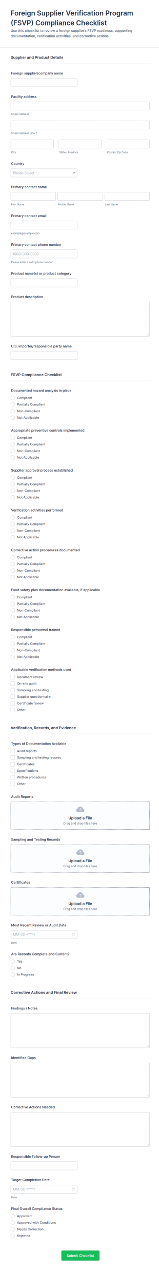 Foreign Supplier Verification Program (FSVP) Compliance Checklist Form Template