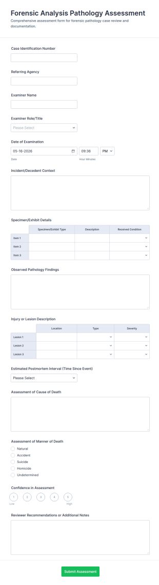 Forensic Analysis Pathology Assessment Form Template