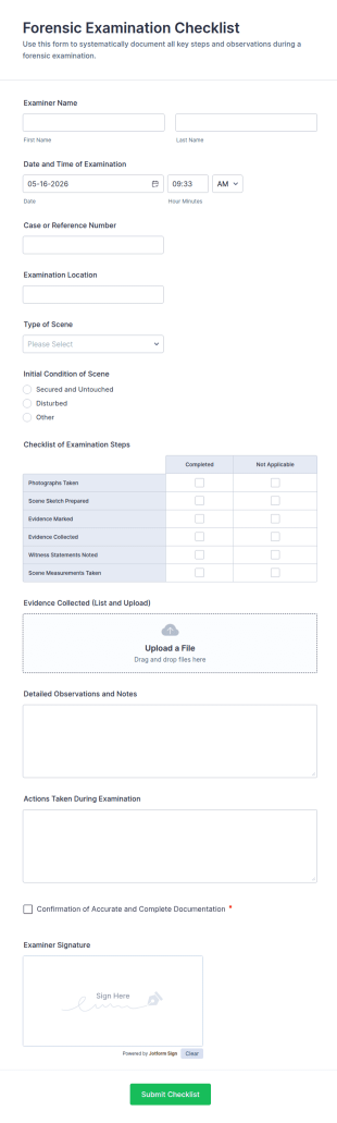 Forensic Examination Checklist Form Template