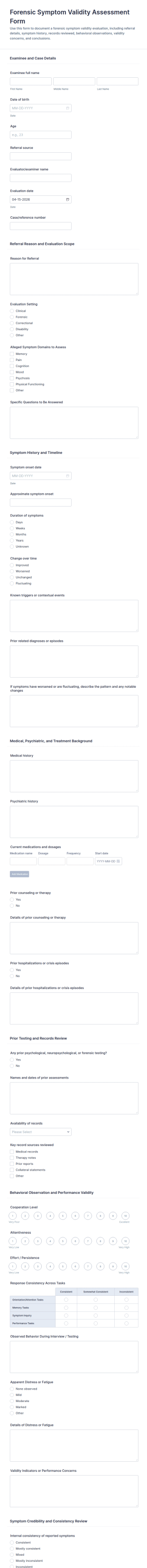 Forensic Symptom Validity Assessment Form Template