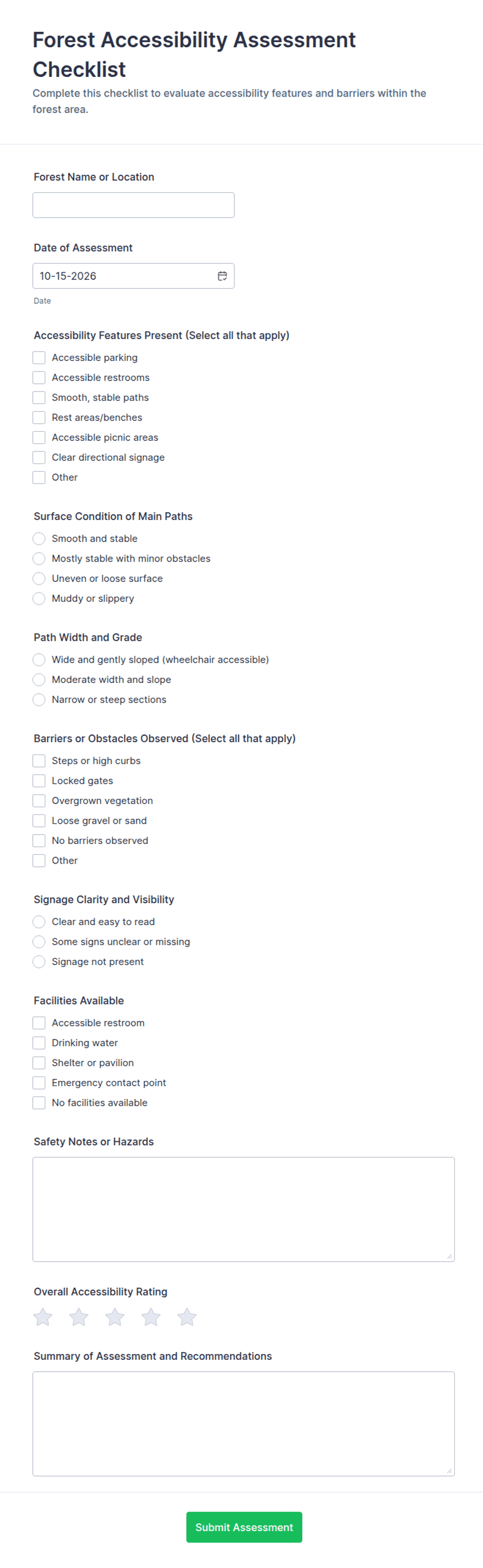 Forest Accessibility Assessment Checklist Form Template | Jotform
