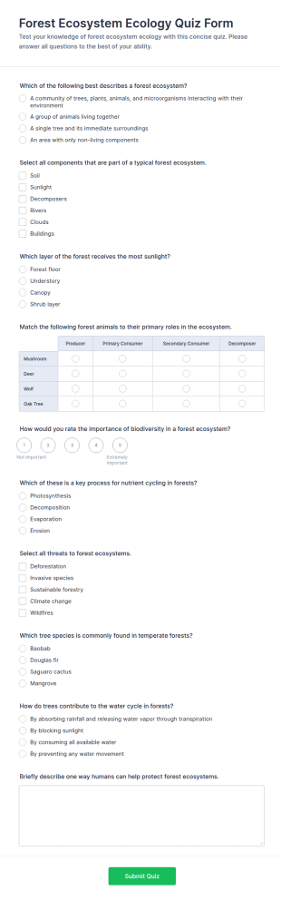 Forest Ecosystem Ecology Quiz Form Template