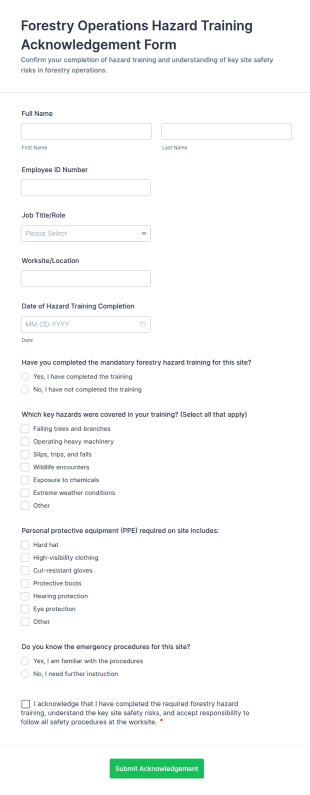 Forestry Operations Hazard Training Acknowledgement Form Template