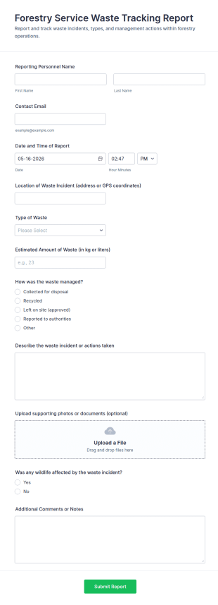 Forestry Service Waste Tracking Report Form Template