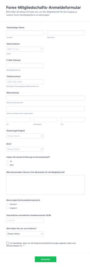 Forex Mitgliedschafts Anmeldeformular