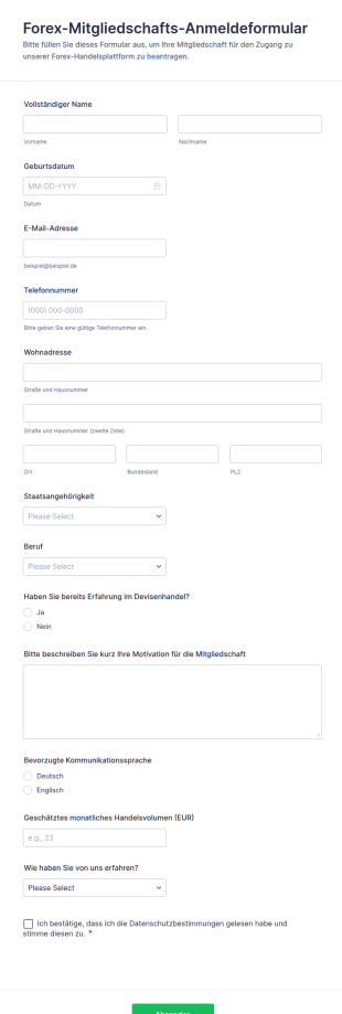 Forex Mitgliedschafts Anmeldeformular