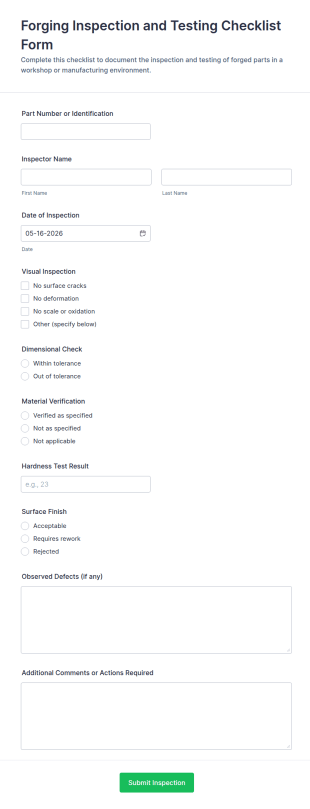 Forging Inspection And Testing Checklist Form Template