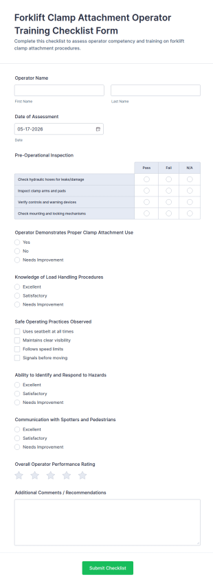 Forklift Clamp Attachment Operator Training Checklist Form Template