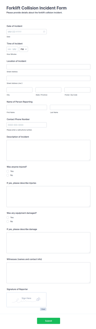 Forklift Collision Incident Form Template
