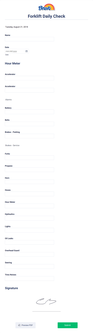 Forklift Daily Checklist Form Template
