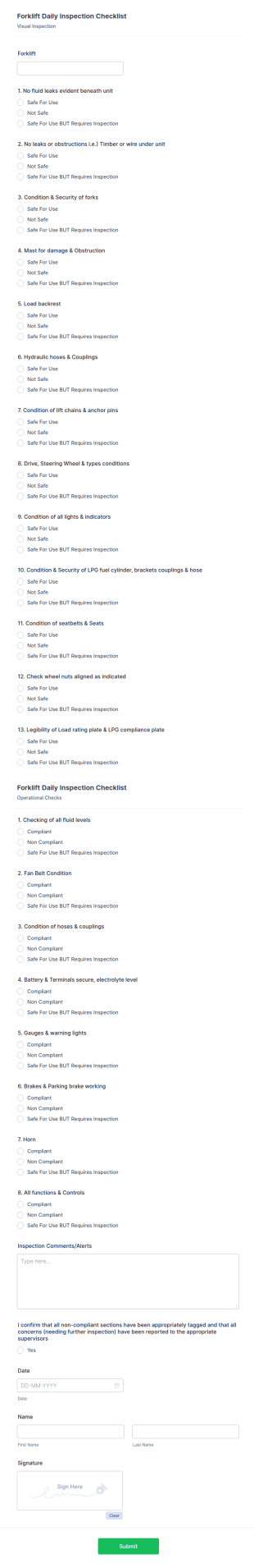 Forklift Daily Inspection Checklist Form Template