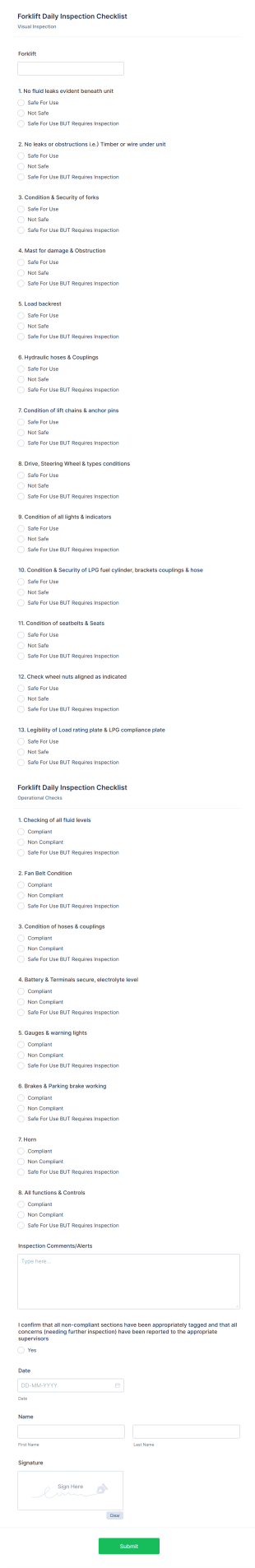 Forklift Daily Inspection Checklist Form Template