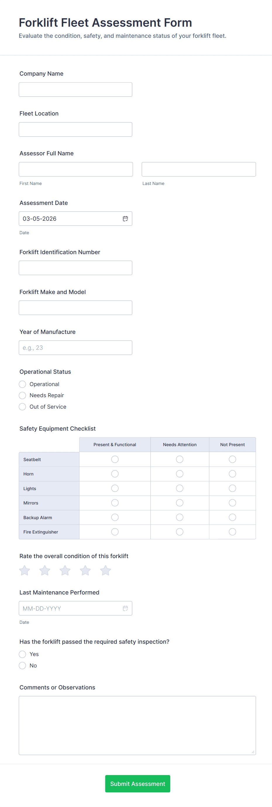 Forklift Fleet Assessment Form Template | Jotform