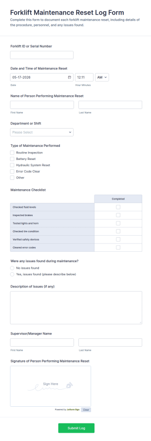 Forklift Maintenance Reset Log Form Template