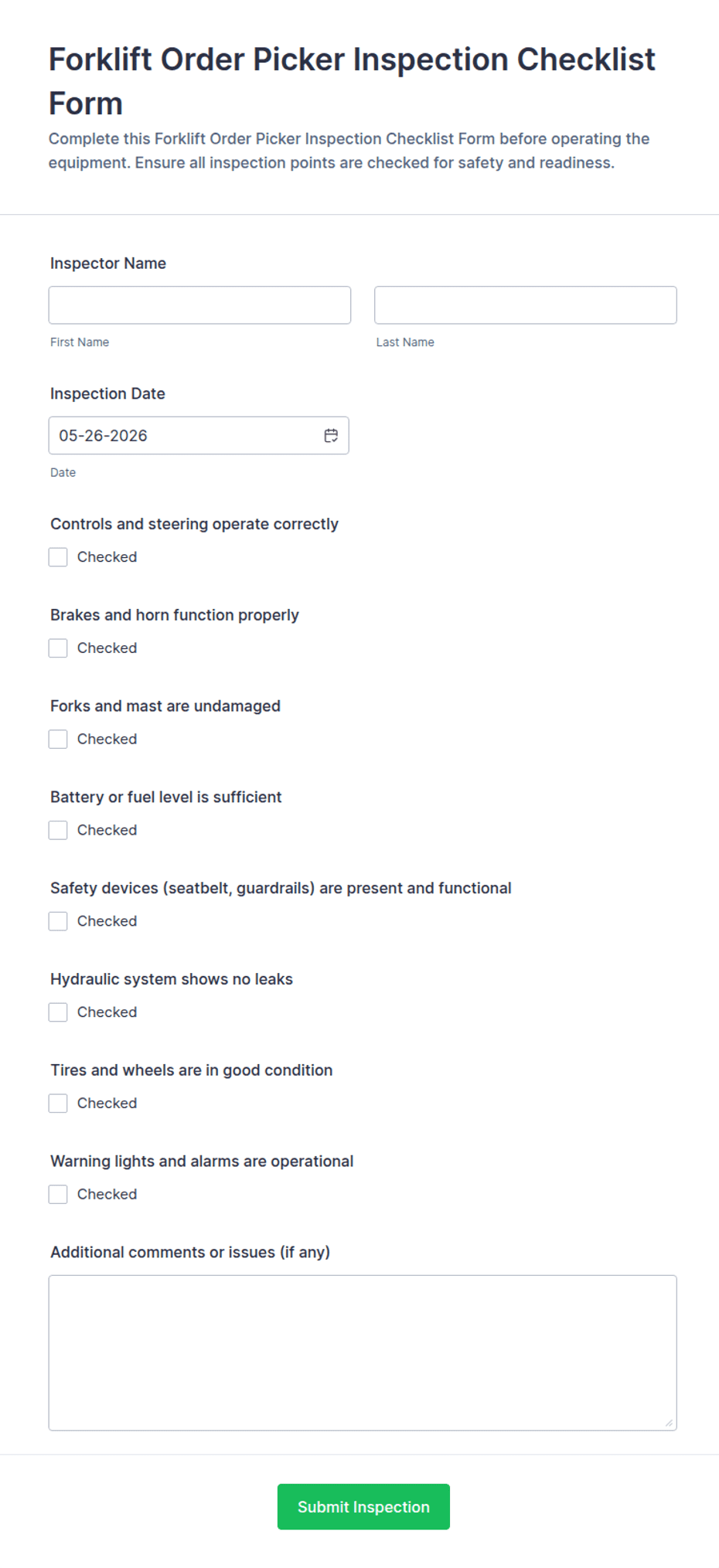 Forklift Order Picker Inspection Checklist Form Template | Jotform