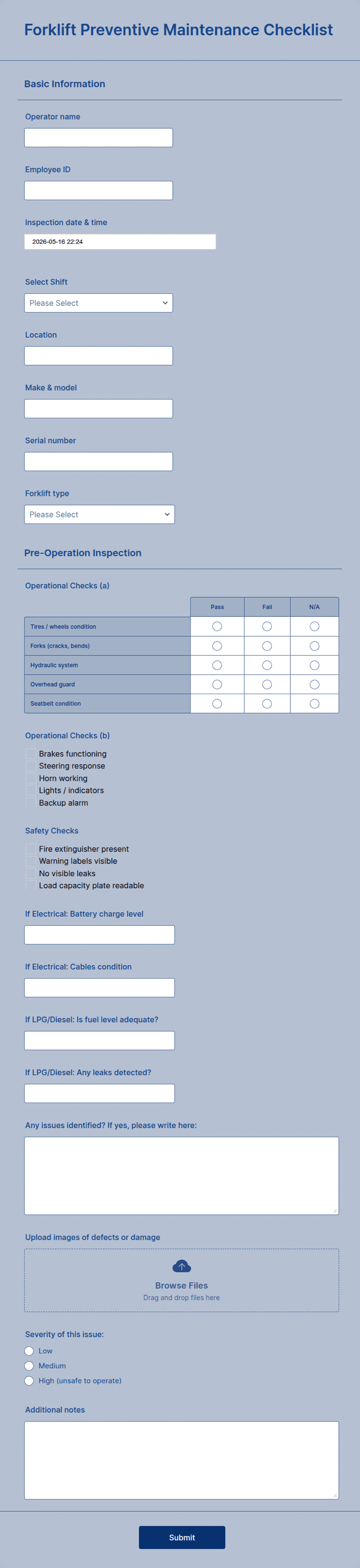 Forklift Preventive Maintenance Checklist Form Template | Jotform