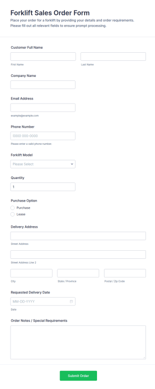 Forklift Sales Order Form Template