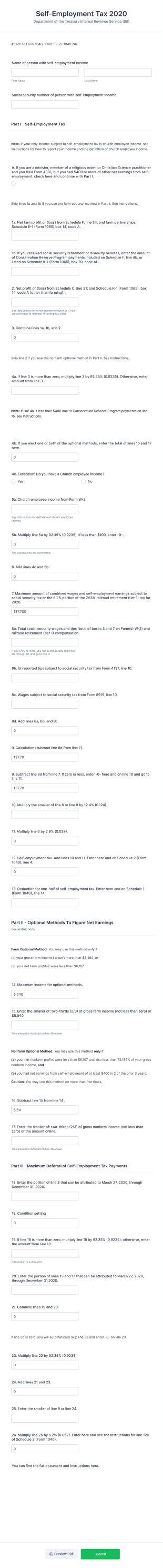 Form 1040 SE Self Employment Tax Form Template