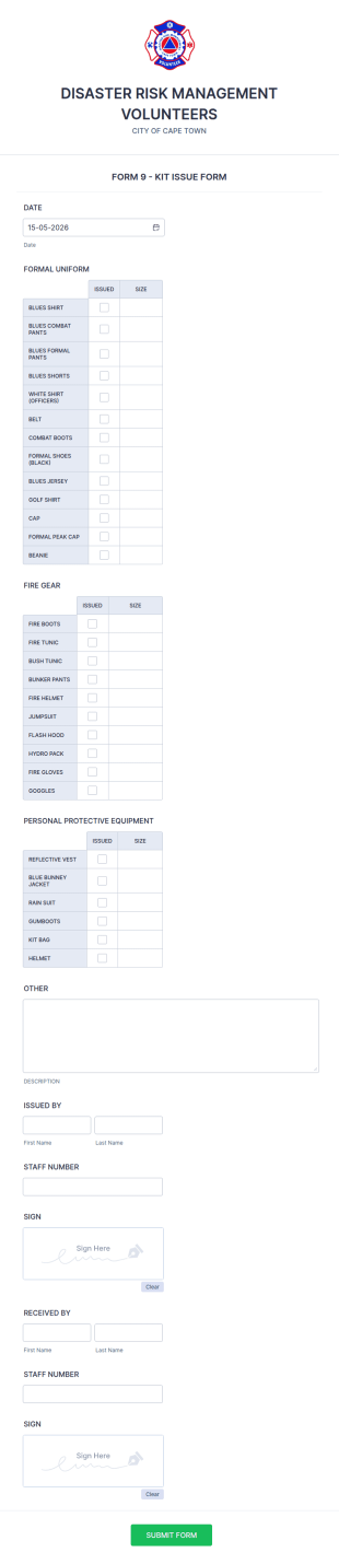 Volunteer Kit Issue Form Template