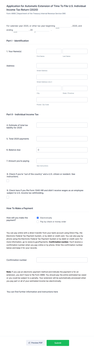 Form 4868 Tax Extension Form Template