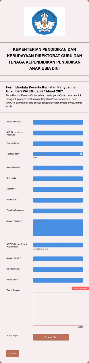 Form Biodata Peserta Form Template