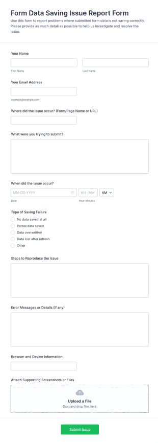 Form Data Saving Issue Report Form Template