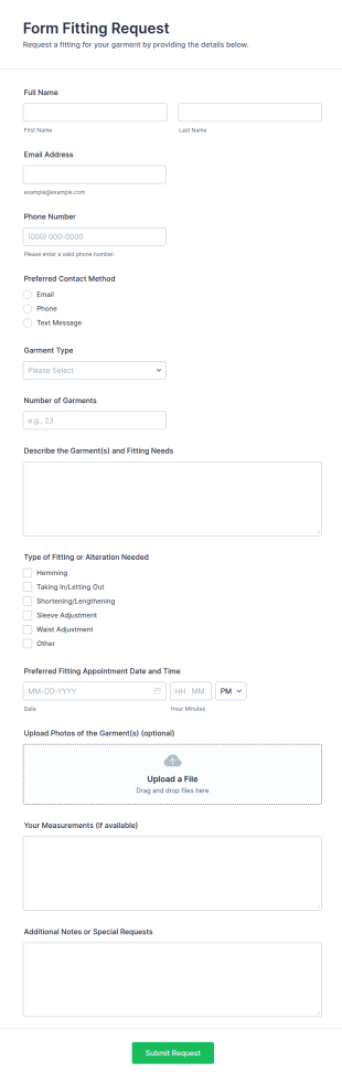 Form Fitting Request Form Template