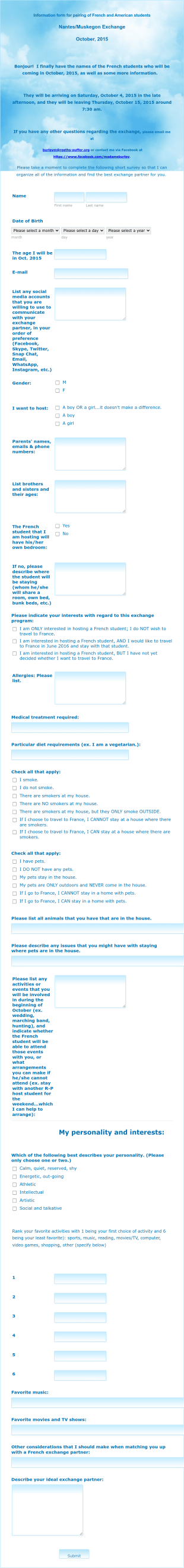 Form For Pairing French And American Students 2015 American Version Form Template