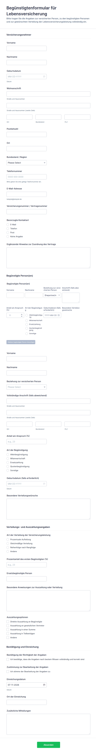 Form Für Die Einsetzung Von Versicherungsbegünstigten