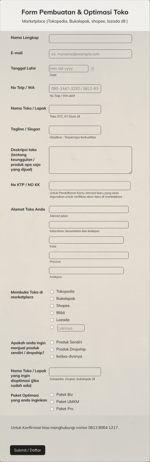 Form Pembuatan & Optimasi Toko Marketplace Form Template