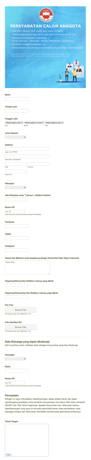 Form Pendaftaran Anggota Edan Sepur Indonesia Wilayah 2 Bandung