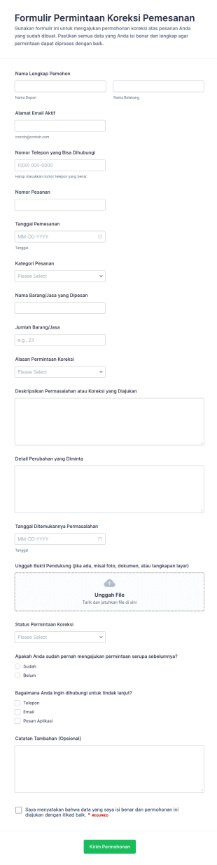 Form Permintaan Koreksi Pemesanan