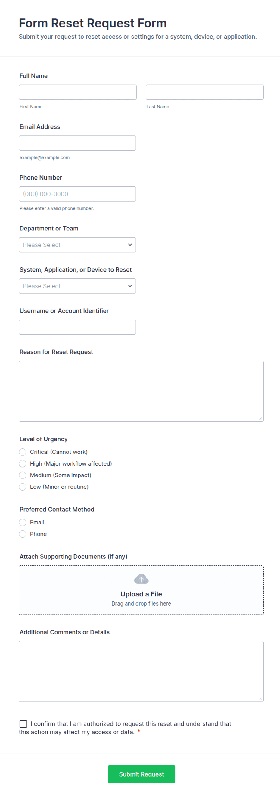 Form Reset Request Form Template | Jotform