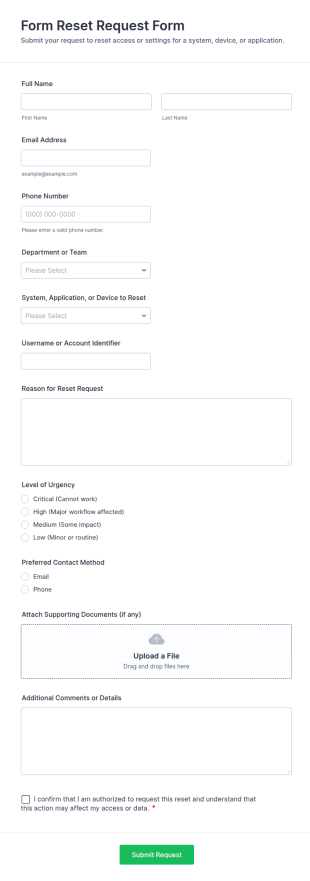 Form Reset Request Form Template