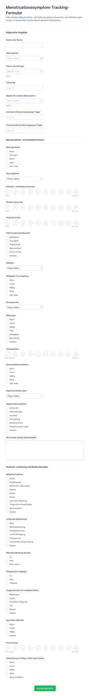 Form Zur Erfassung Von Menstruationsbeschwerden