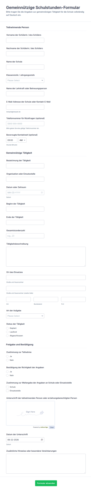 Form Zur Mitarbeit Im Schulprojekt