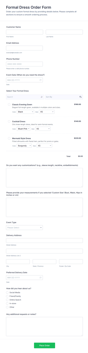 Formal Dress Order Form Template