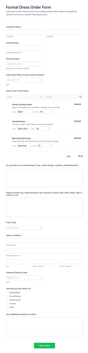 Formal Dress Order Form Template