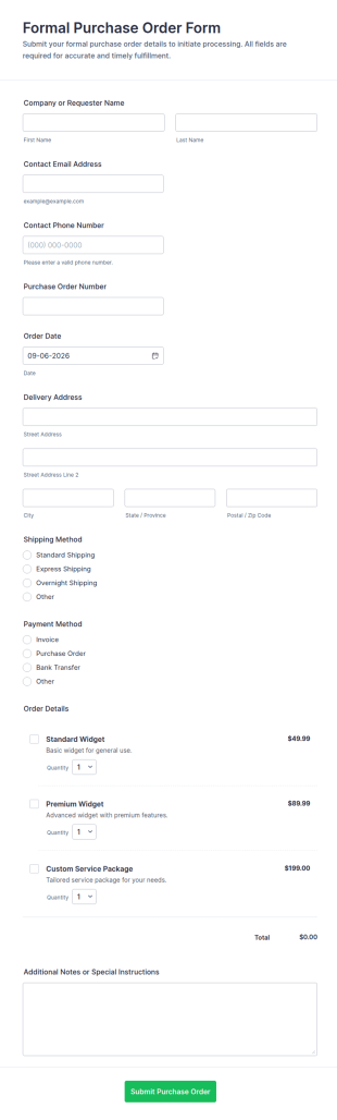 Formal Purchase Order Form Template