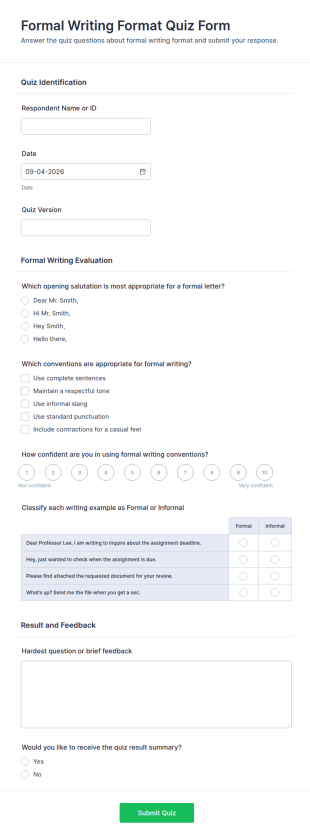 Formal Writing Format Quiz Form Template