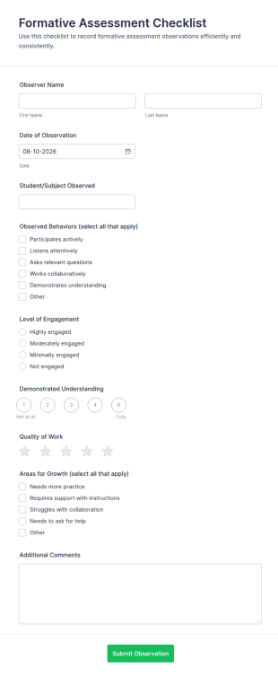Formative Assessment Checklist Form Template