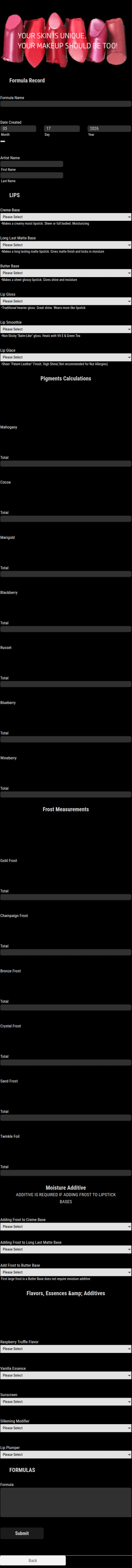 Cosmetics Formula Record Form Template