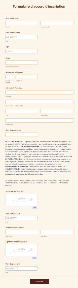 Formulaire D'accord D'inscription Form Template