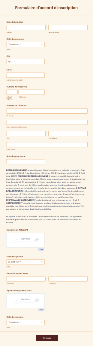 Formulaire D'accord D'inscription