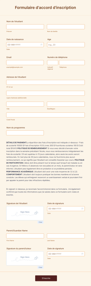 Formulaire D'accord D'inscription Form Template
