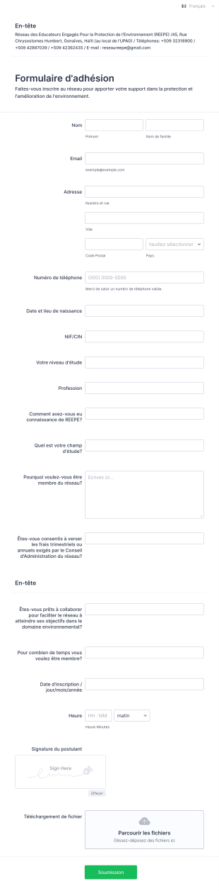 Formulaire D'adhésion Au REEPE Form Template