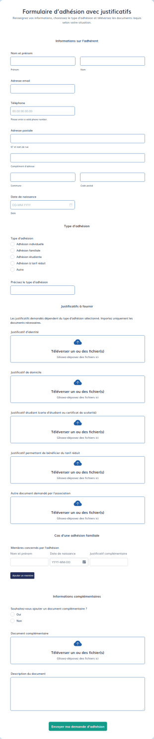 Formulaire D’adhésion Avec Justificatifs